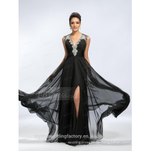 Alibaba elegante Applique lange neue Designer V-Ausschnitt schwarz Chiffon Strand Abendkleider oder Brautjungfer Kleid LE16